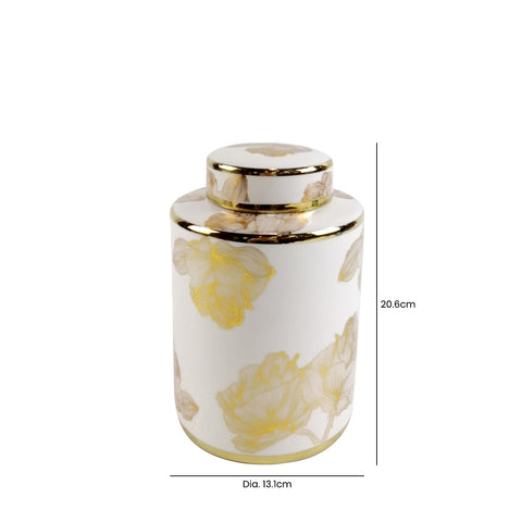 Floral Ginger Jar Gold Ceramic Storage White Chinese Display Vase Container with Lid 20cm