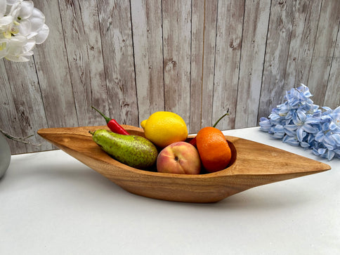 Banana Boat Wooden Bowl Oblong Oval Wood Fruit Trinket Dish Carved Teak Root