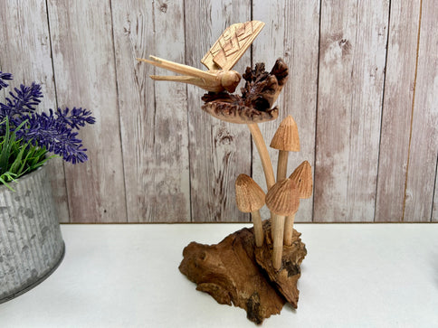 Wooden Mushroom Toadstool Sculpture Hand Carved Dragonfly Teak Root Ornament