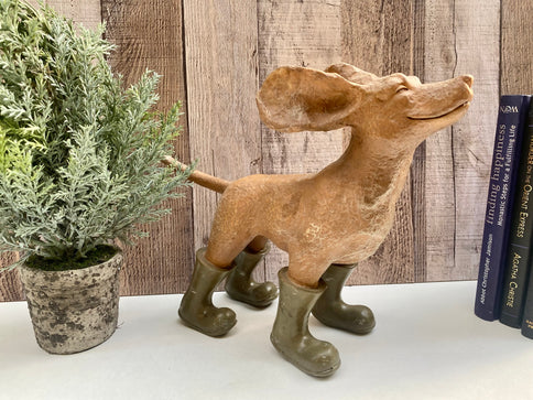 Dog Statue Ornament Face in Wind Figurine Garden Home Sculpture Green Boots 24cm