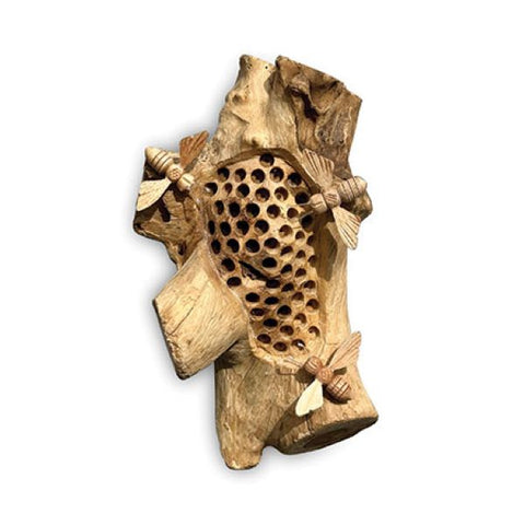 Beehive Wood Sculpture Bumble Bees Wall Ornament Hand Carved Bee Teak Root Decor