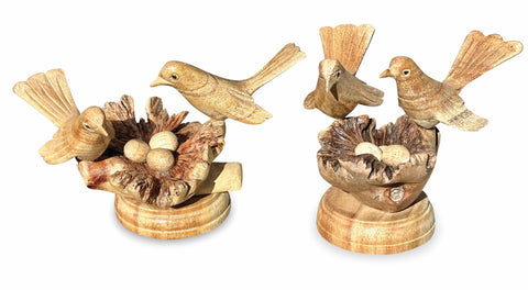 Wooden Love Birds Ornament on Wood Mushroom Nest Sculpture Handcarved Teak Gifts