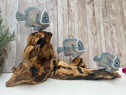 Blue Fish on Teak Root Coral Reef Ornament Tropical Sealife Wooden Sculpture Nautical Decor