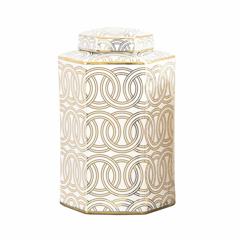 Hexagonal Ginger Jar Ceramic Gold Circles Storage Oriental Display Vase Lid 30cm