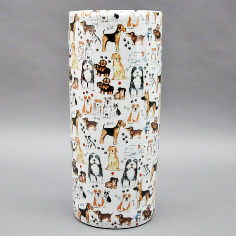 Ceramic Umbrella Brolly Stand Dog Print Walking Stick Holder Faux Flower Vase 45cm