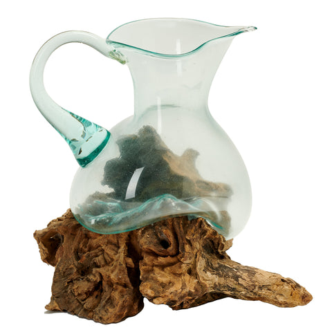 Molten Glass Jug Pitcher Gamal Root Drift Wood Base Rustic Table Decor Handmade