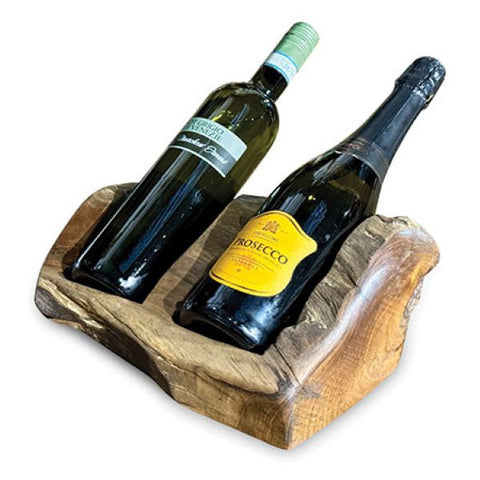 Driftwood Double Wine Bottle Holder Rustic Solid Wood Storage Rack Hand Carved