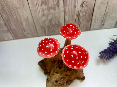 Wooden Mushroom Sculpture Red White Toadstool Hand Carved Teak Tree Root Ornament Driftwood