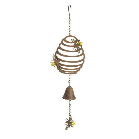 Garden Bell Wind Chime Bees Beehive Metal Ornament Hanging Outdorr Decor Brown