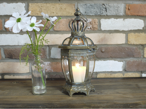 Glass Metal Lantern Candle Tealight Holder Crown Gold Vintage Antique Style 34cm