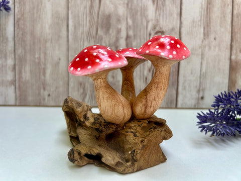 Wooden Mushroom Sculpture Red White Toadstool Hand Carved Teak Tree Root Ornament Driftwood