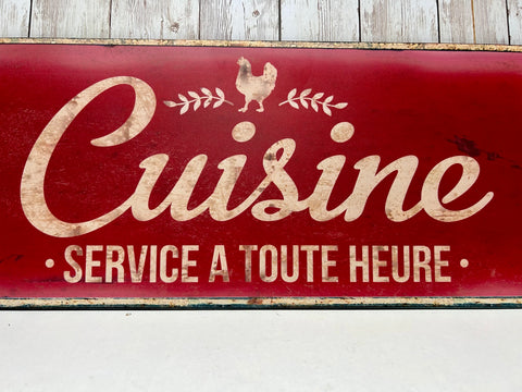 Long Red Kitchen French Cuisine Metal Wall Sign Plaque Decor Distressed 52cm