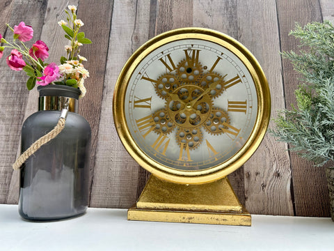 Moving Gears Cog Mantle Table Clock Gold Steam Punk Distressed Skeleton Clock