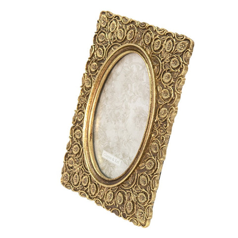 Floral Antique Gold Photo Picture Frame Flower 6"x4" Oval Photograph Holder Gift