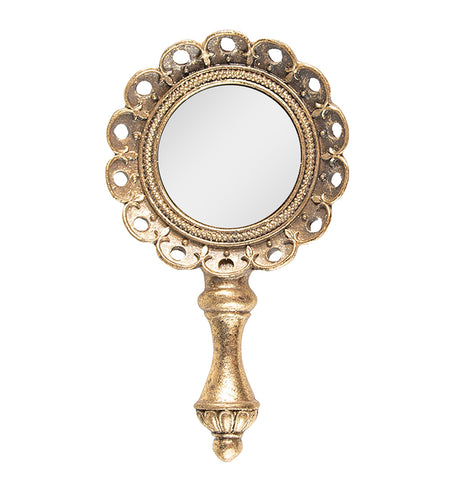 Gold Hand Held Vanity Mirror Round Ladies Make Up Flower Design Dressing Table 17x10cm