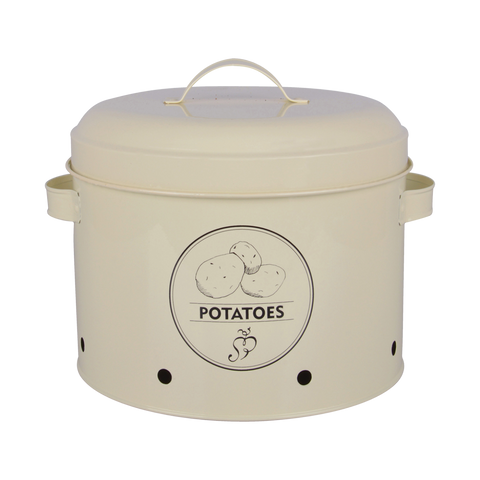 Potato Storage Container Metal Lid Tin Kitchen Storage Tub Cream