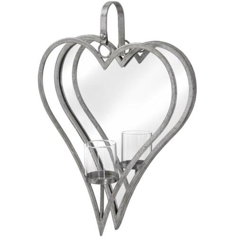 Wall Mounted Mirror Heart Pillar Candle Tealight Holder Silver Metal Sconce 50cm