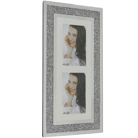 2 Photo Glass Sparkly Silver Diamond Crush Wall Multi Picture Frame 4" x 6" Portrait