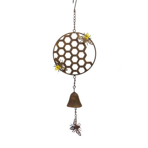 Garden Bell Wind Chime Bees Honeycomb Metal Ornament Outdorr Decor Brown 