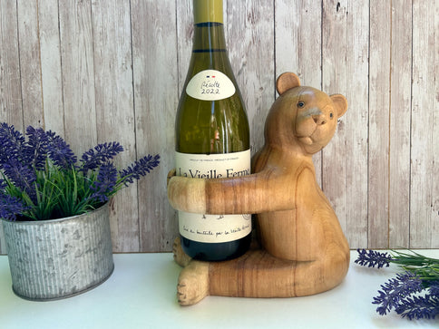 Wooden Wine Bottle Holder Hugging Teddy Bear Stand Freestanding Wood Table Decoration