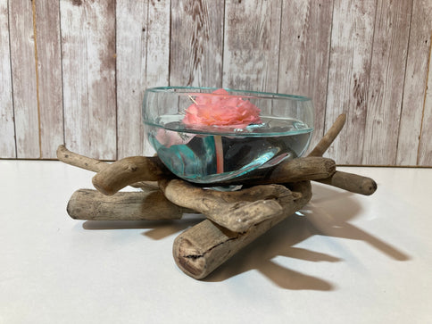 Molten Glass Bowl on Driftwood Twigs Ornament Rustic Vase Trinket Jar - Medium