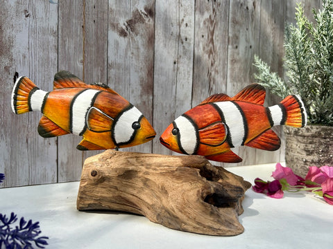 Clown Fish On Driftwood Ornament Coral Reef Sculpture Hand-Carved Wood Sealife