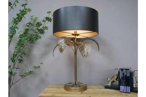 Gold Palm Tree Table Accent Lamp Battery Operated Light Black Shade 74cm Decor
