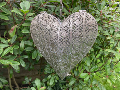 Hanging Heart Tealight Candle Holder Silver Metal Moroccan Home Weddding Decor 