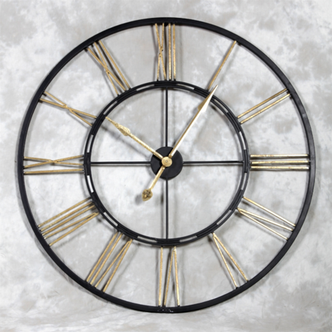 Iron Metal Skeleton Wall Clock Black Gold Roman Numerals 102cm