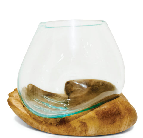 Wooden Hand Ornament Molten Glass Bowl Rustic Vase Trinket Pot Pourri Holder 