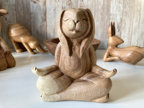 Yoga Bunny Figurine Pilates Rabbit Ornament Lotus Pose Meditation Wooden Statue 