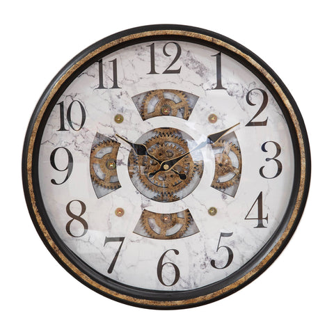 Round Moving Gears Wall Clock Bronze Cogs White Marble Effect Face Black Frame 39cm