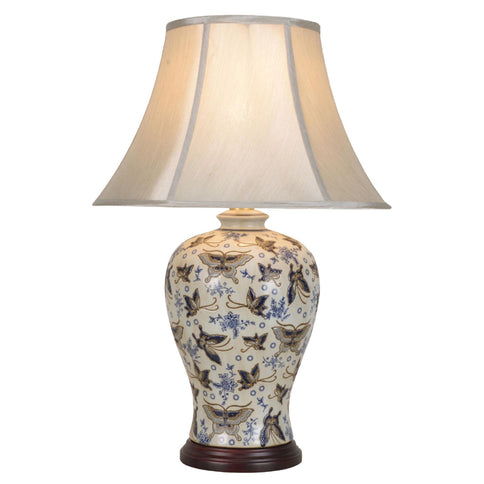 Oriental Chinese Ceramic Table Lamp with Gold Shade Silver Blue Butterfly 66cm