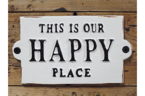 Our Happy Place Home Wall Sign Cast Iron Metal Plaque Vintage Style White Black 