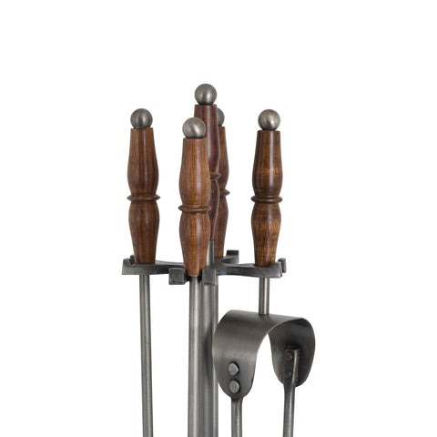 Companion Set 5 Piece Fire Fireside Tools Log Burner Wooden Handles Pewter 64cm