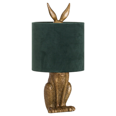 Sitting Hare Rabbit Ears Table Lamp Green Velvet Shade Antique Gold 50cm