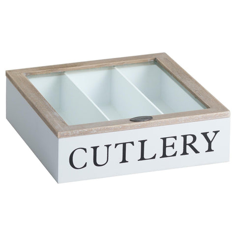 Shabby Chic style Wooden Cutlery Box Knife Fork Glass Lid Storage Tray Holder
