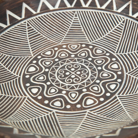 Decorative Bowl Dish Aztec Inspired Brown Handpainted White Sun Pattern 30cm