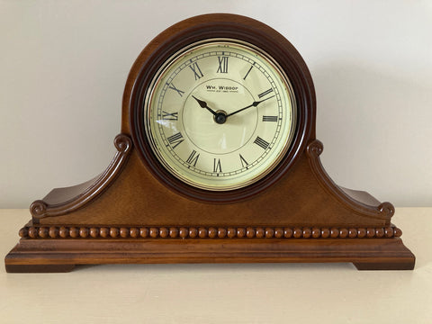 Wooden Carved Satin Mahogany Napoleon Mantel Clock Roman Dial Gold Bezel 24x40cm
