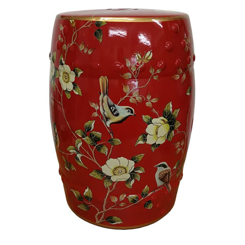 Red Oriental Chinese Ceramic Porcelain Stool Side Table Plant Stand Floral 45cm