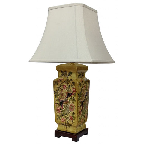 Oriental Chinese Ceramic Table Lamp with Shade Yellow Phoenix Floral Bird 70cm