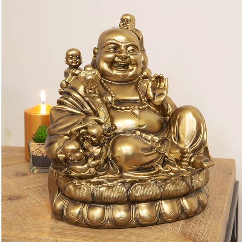 Large Laughing Fat Buddha & Cherub Figurine Ornament Statue Buddhism 26cm Bronze