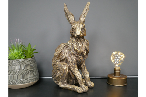 Large Wild Hare Ornament Statue Rabbit Figurine Sculpture Gold Brown Rustic 35cm