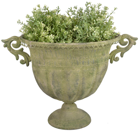 Aged Metal Oval Urn Garden Planter Flower Pot Vase Green 32cm Vintage Style