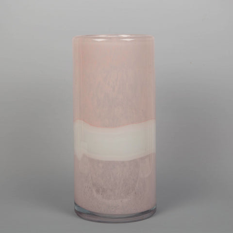 Tall Handblown Pink & Cream Striped Glass Flower Vase Cylindrical 25.5cm