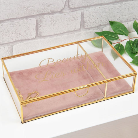 Vintage Style Gold Metal Clear Glass Box Jewellery Pink Organizer Case Terrarium