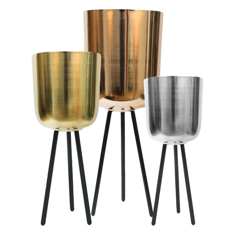 Set of 3 Metallic Bowl Shaped Metal Planters Pots on Legs Gold Silver Copper