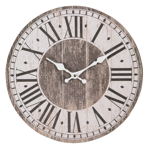 French Shabby Chic Style Rustic Round Wooden Wall Clock Brown White Roman Dial 34cm