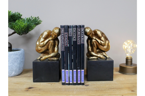 Pair Gold Bookends Thinking Crouching Naked Man Book Holders Ornament Figurine 