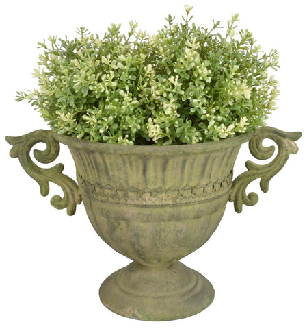 Aged Metal Round Urn Garden Planter Flower Pot Vase Green 21.5cm Vintage Style
